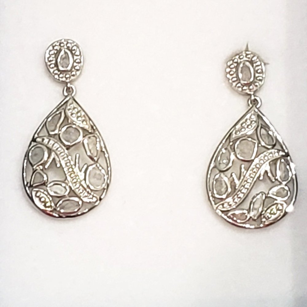 Polki Diamond dangle earrings in Oxidized 925 Sterling Silver 1.50 cts